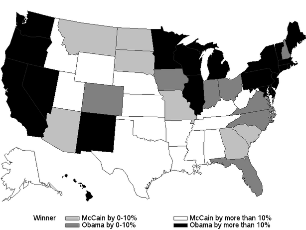2008 Presidential Election Results on a Map, Winner by State with Margin of Victory