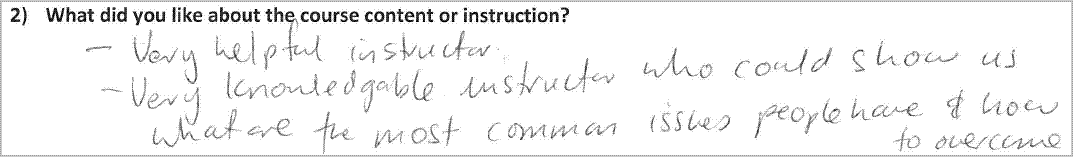 - Very helpful instrcutor  - Very knowledgable instructor who could show us what are the most common issues people have and how to overcome them.